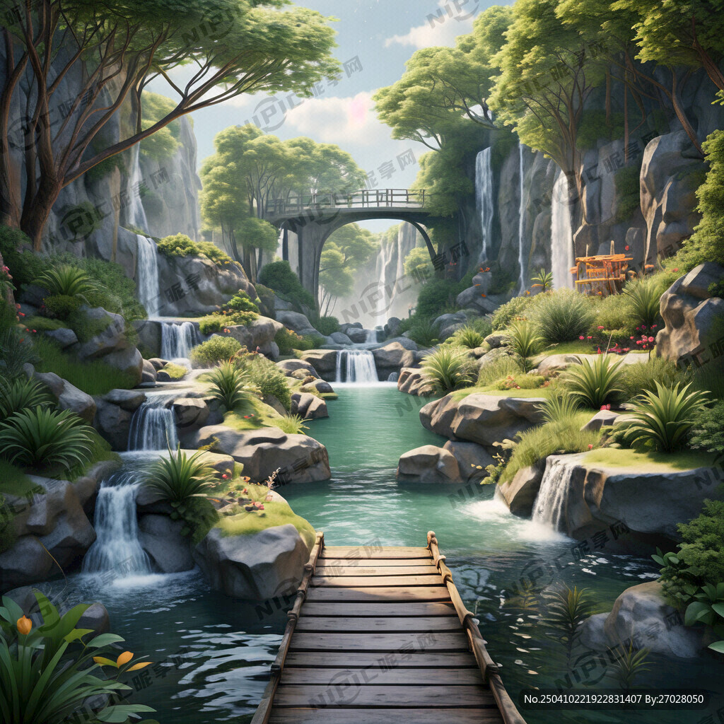 溪流、游步道、叠瀑