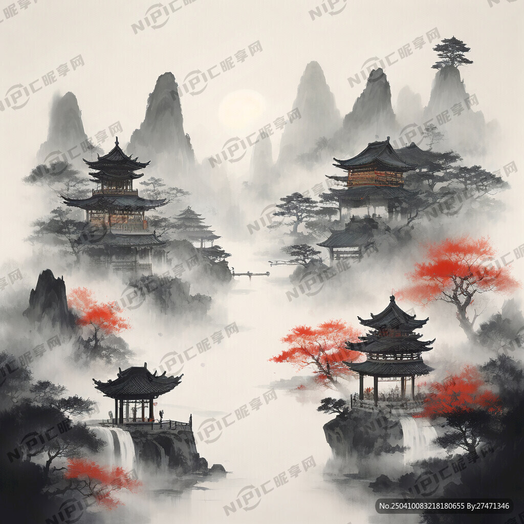白描 山 水 树木 点缀亭台