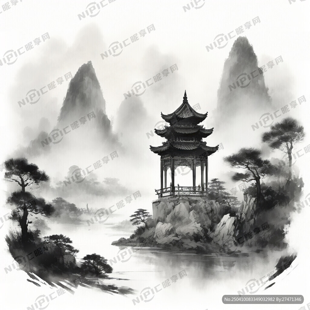 白描 山 水 树木 天上有祥云