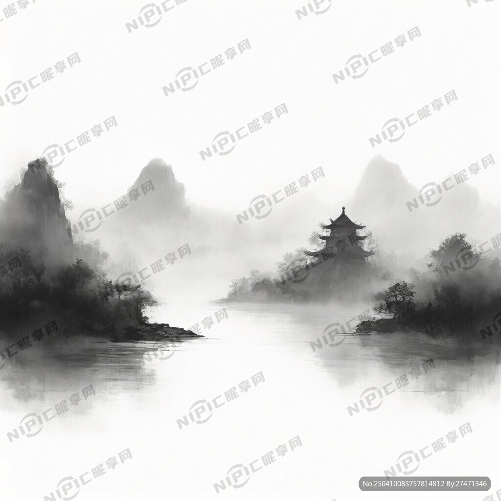 白描 山 水 树林 天上有祥云