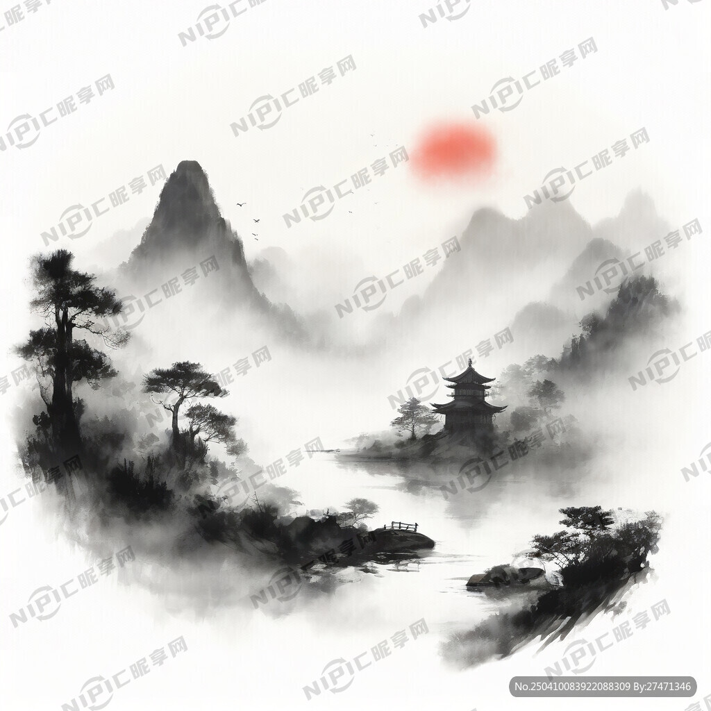 白描 山 水 树林 天上有祥云