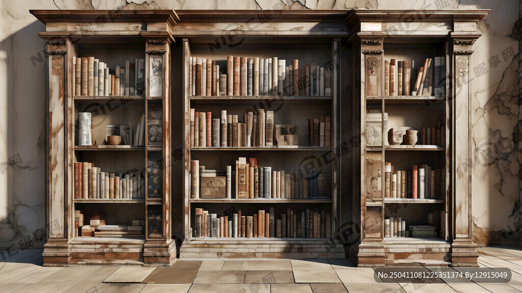 摆满书的掉漆的书架正面图