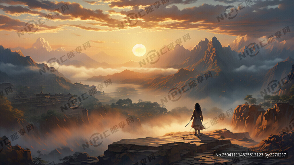 远山 朝阳 云雾缭绕 女性背影