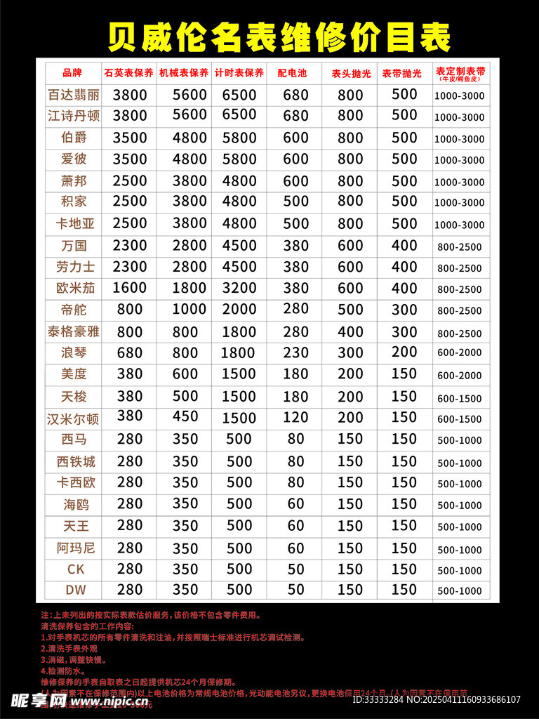 手表维修价格表