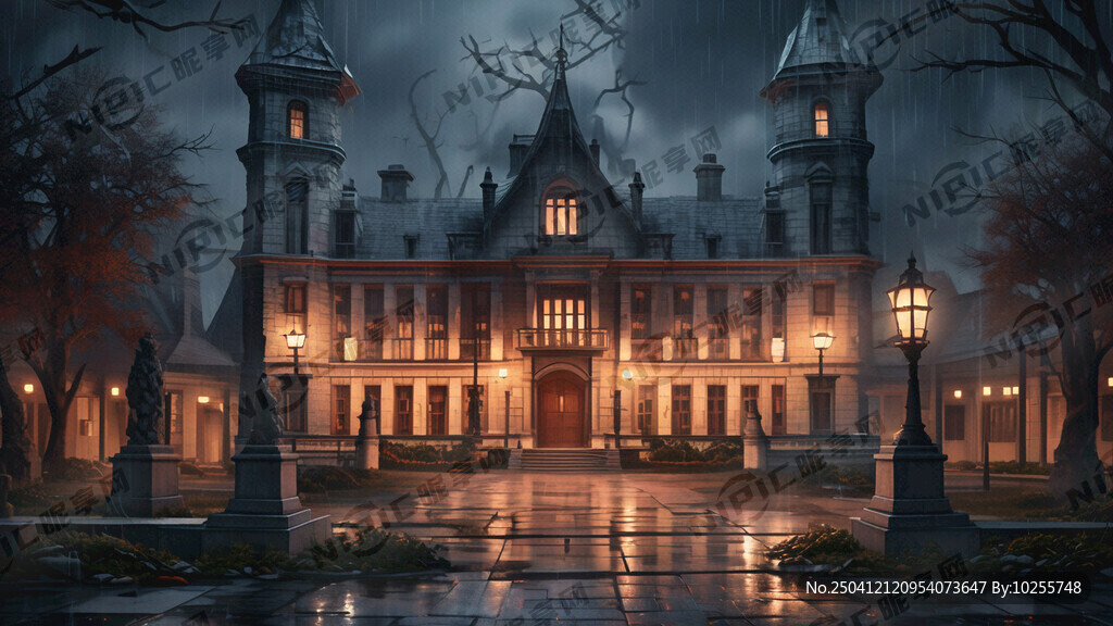 深夜 阴森诡异的欧式酒店的外景