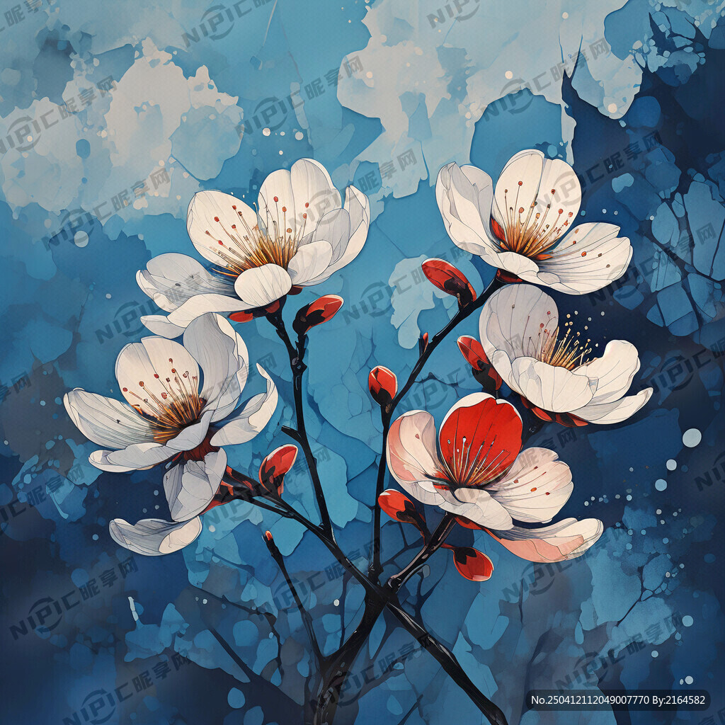 几朵杏花 版画风格