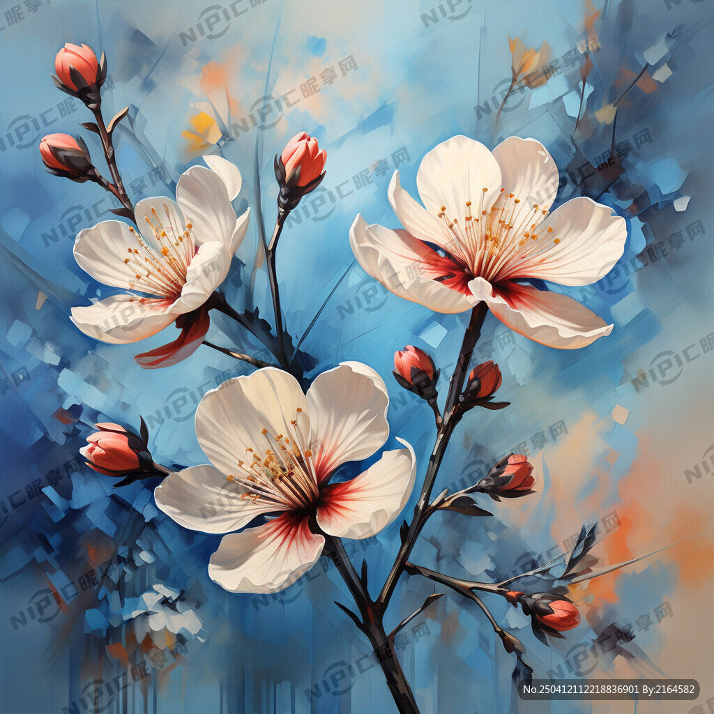 零散几朵杏花 油画风格