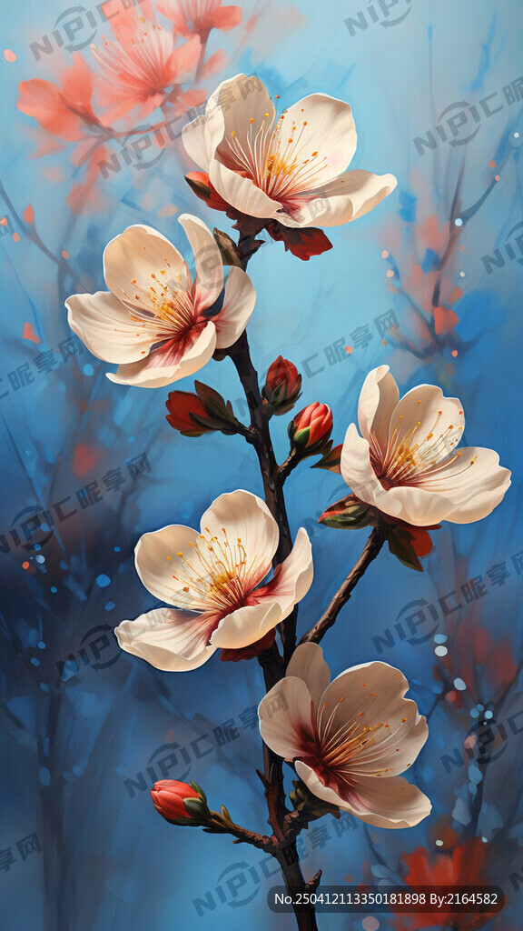 零散几朵杏花 油画风格
