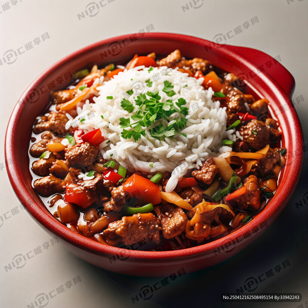 一个红色边缘的碗上面铺满鱼香肉
