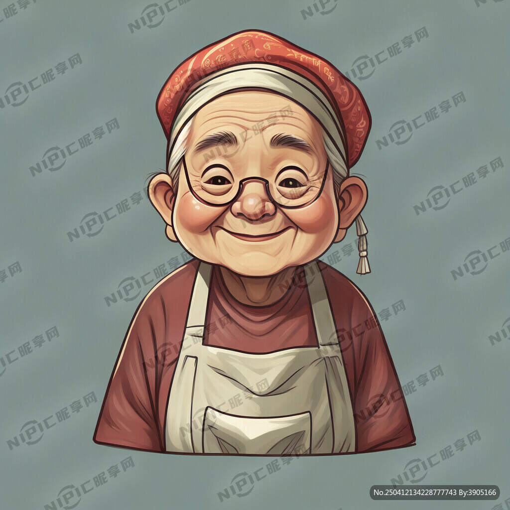 系着围裙 头戴方巾的慈祥老奶奶