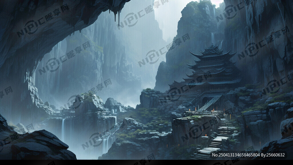 石窟风格的石壁山 画面蓝调微暗