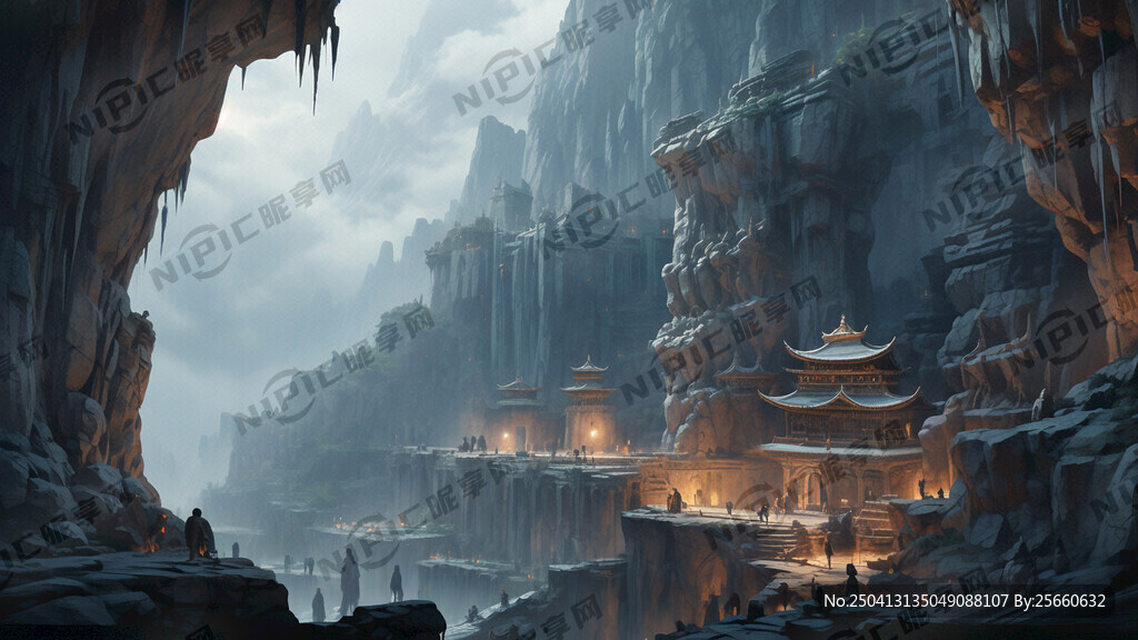 石窟风格的石壁山 色彩蓝调微暗