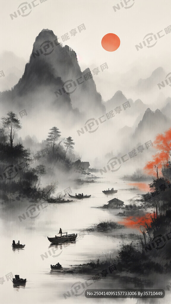 写意山水画 国画 水墨 河流