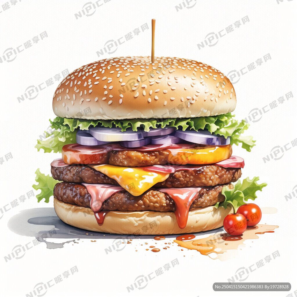 美式手工汉堡 水彩画 颜色鲜艳