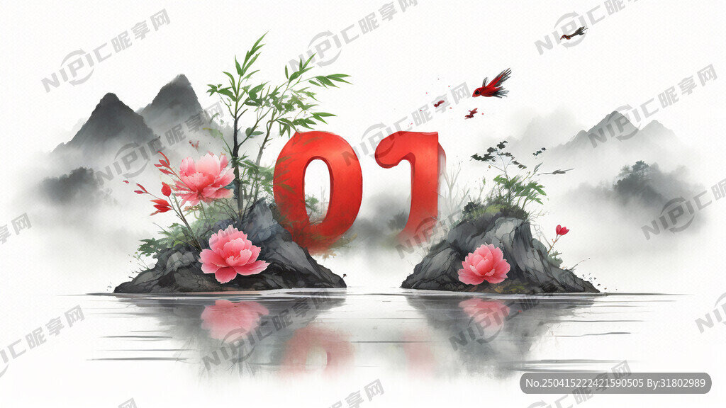 以湖面为背景 两侧有竹子、牡丹