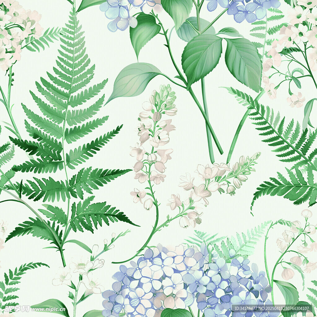 清新花卉蕨类植物图案