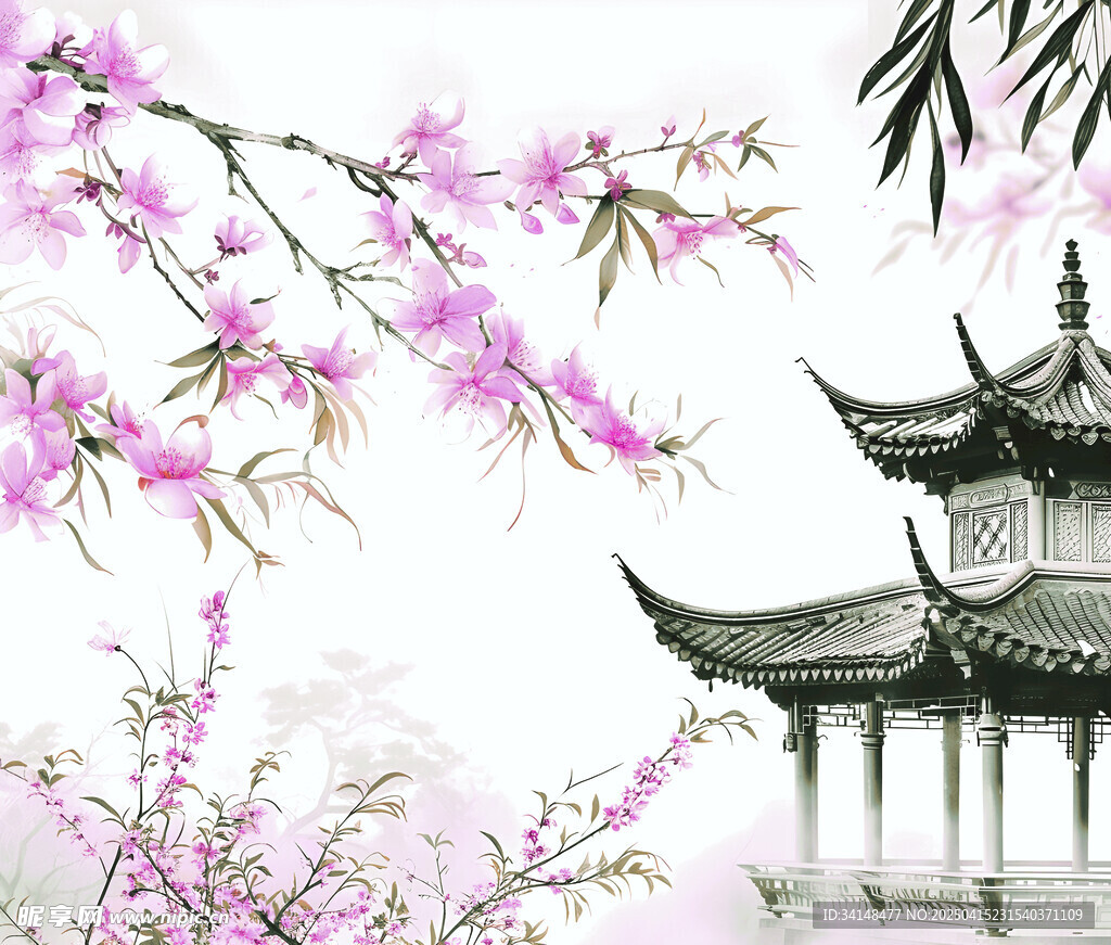 水墨春景中的古典亭阁