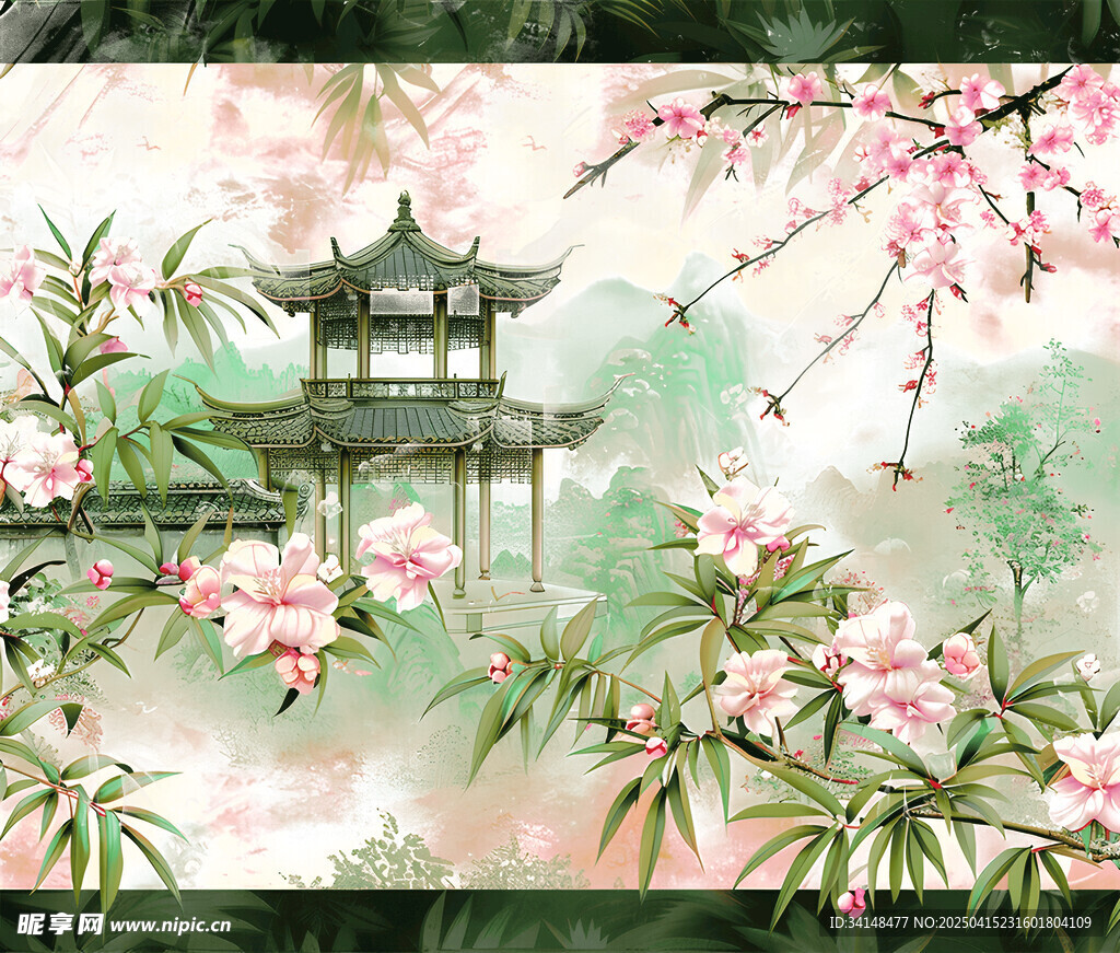 古风园林桃花美景图