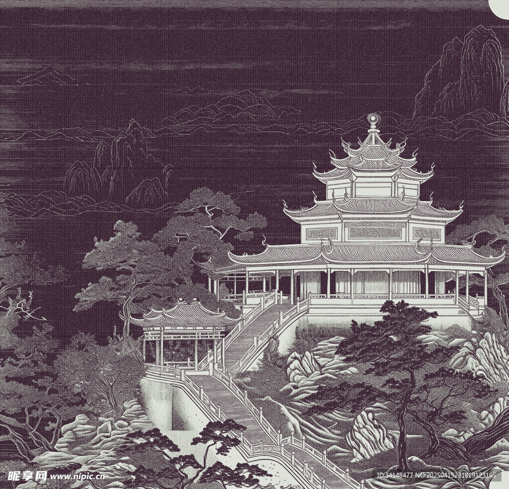 古雅楼阁山水图