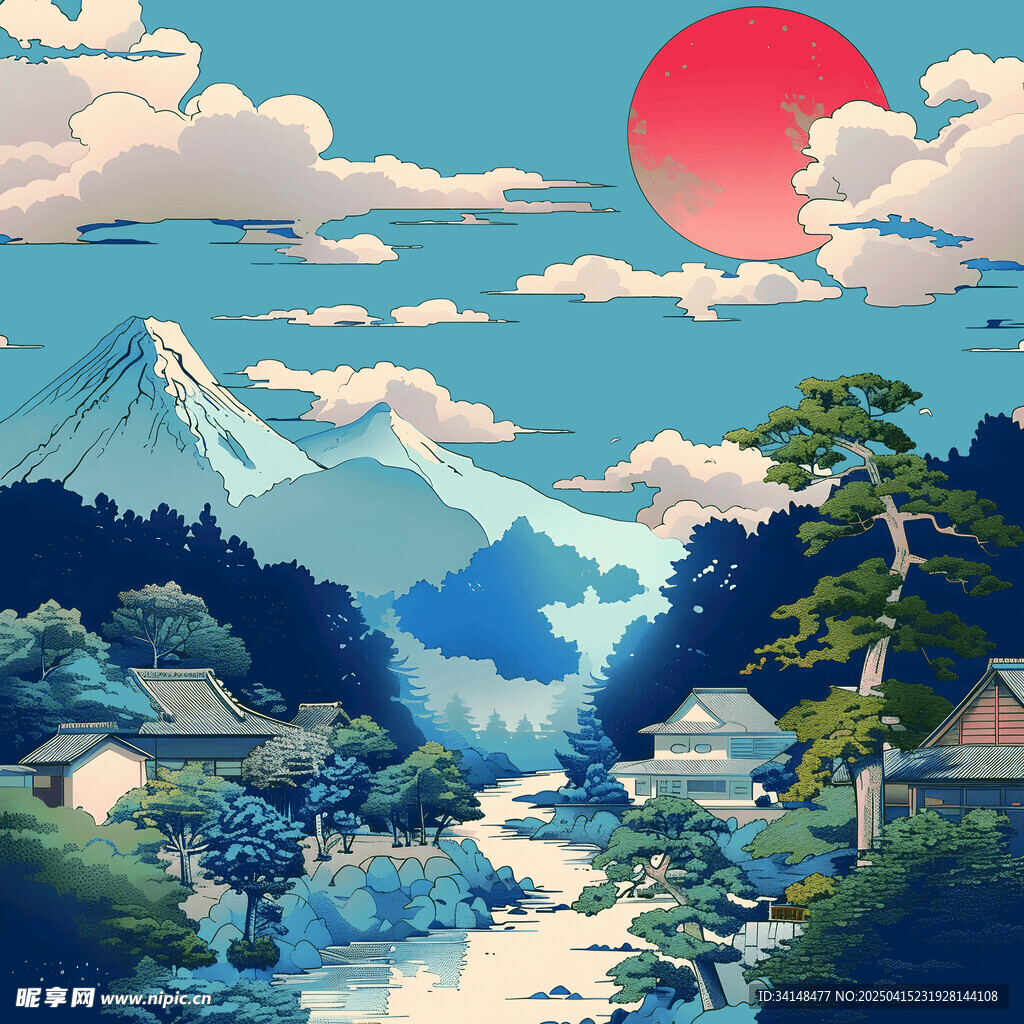 日式山水风景中的壮丽红日
