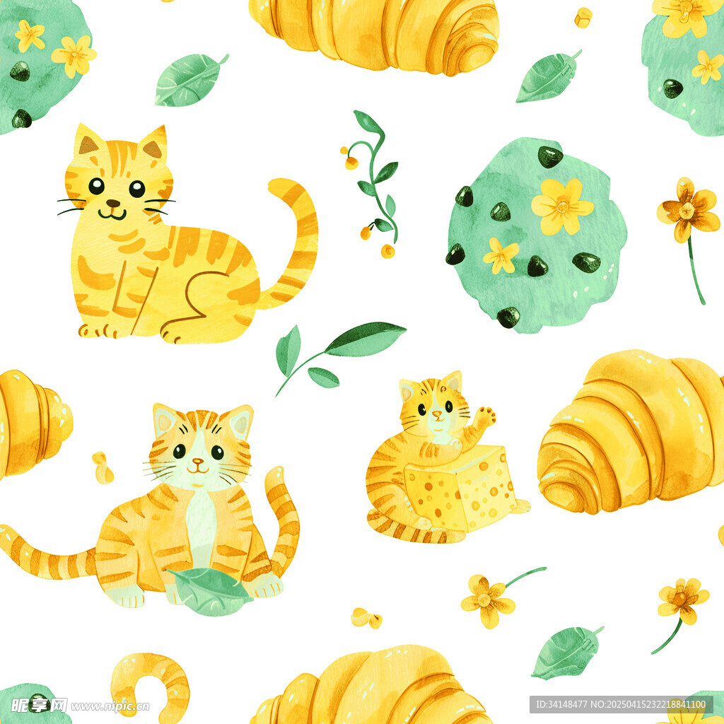 可爱猫咪与面包花卉图案