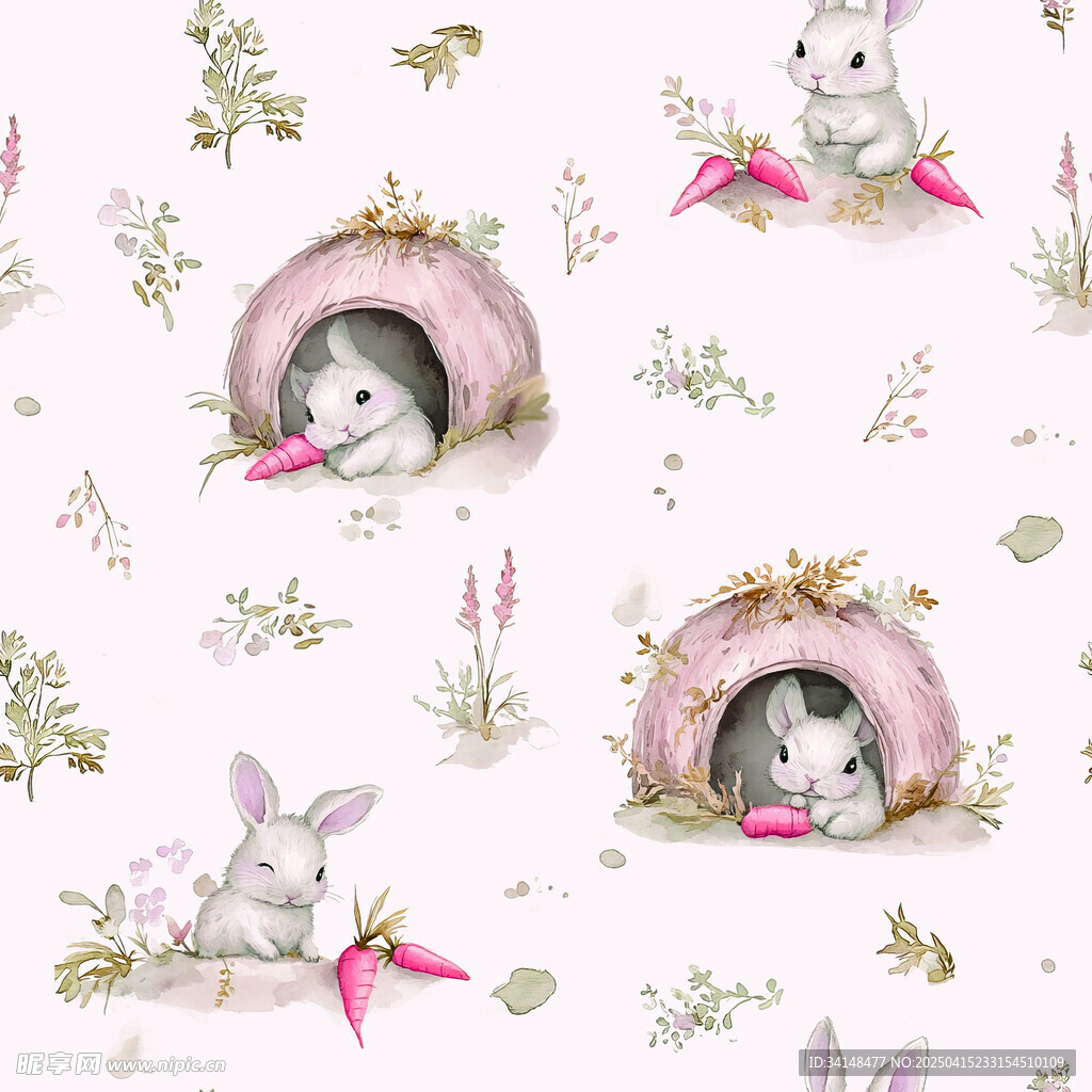 可爱小兔与蘑菇洞插画图案