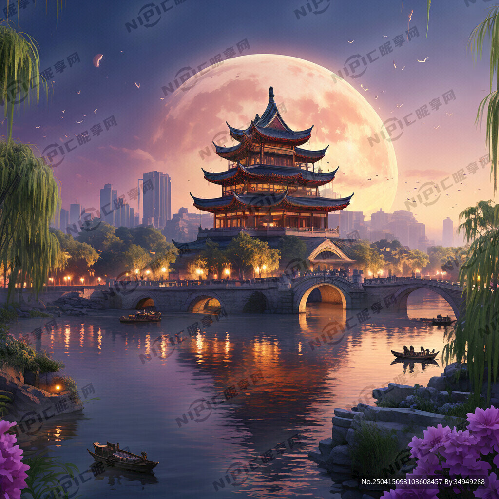 台儿庄古城唯美新中式风景 月亮
