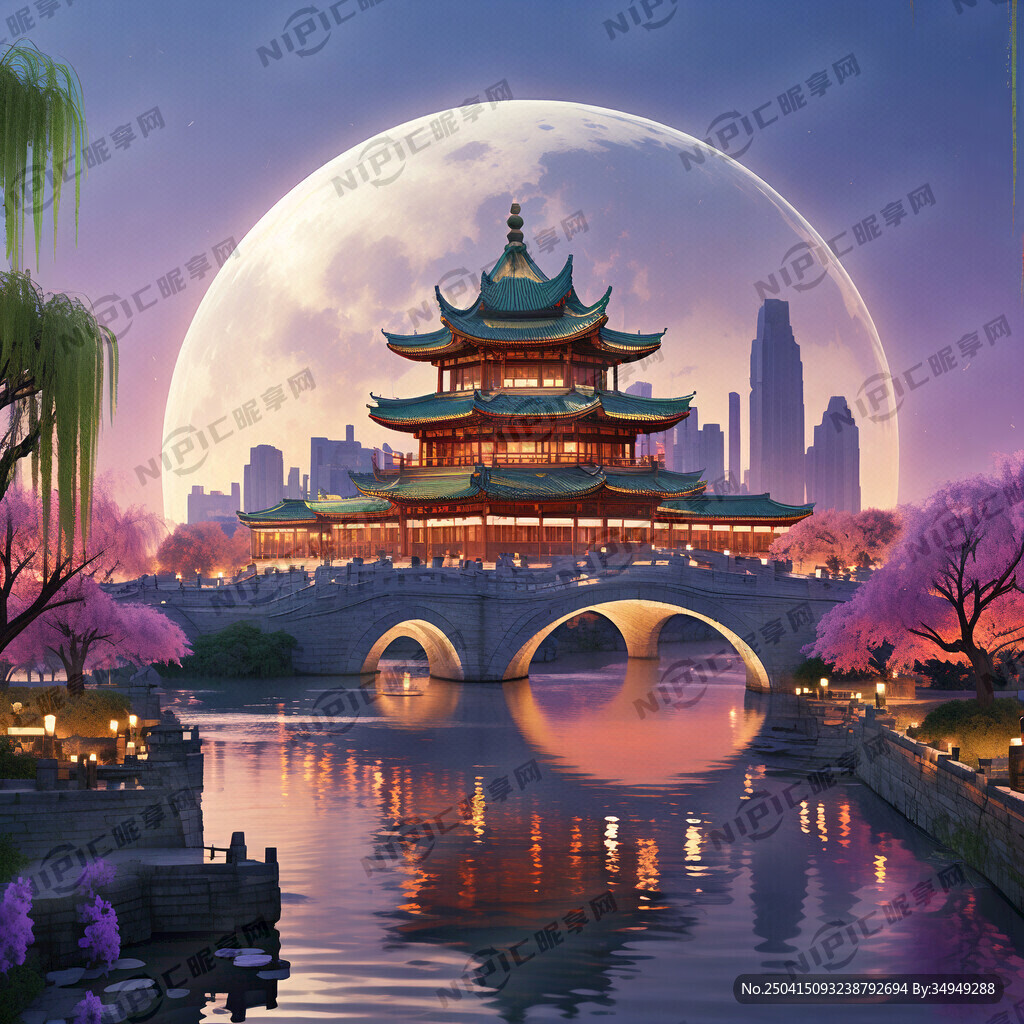 台儿庄古城唯美新中式风景 月亮