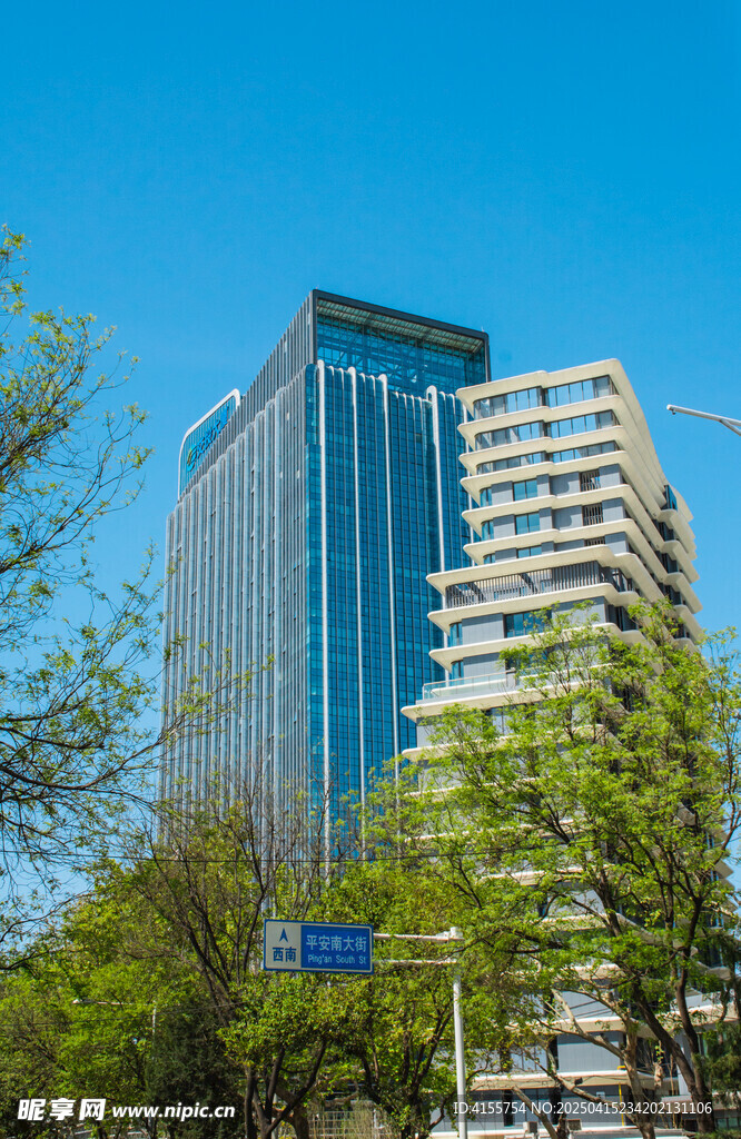 都市高楼与葱郁绿树景观