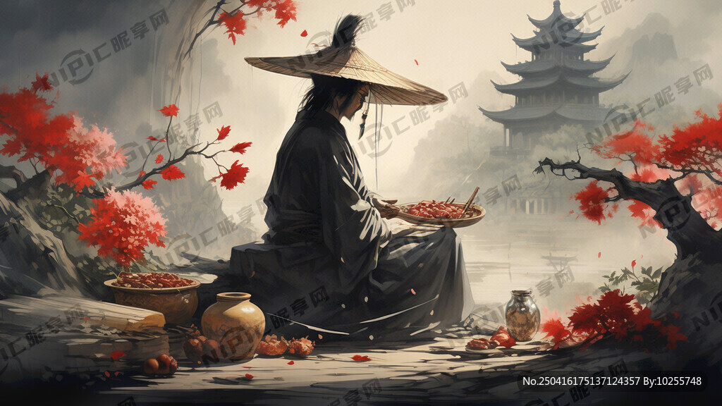 近处是中国侠客戴着斗笠的剪影