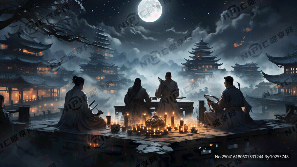黑夜 圆月 几个侠客在屋顶喝酒