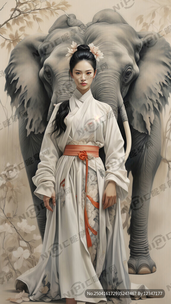 中国风服装女模特和大象