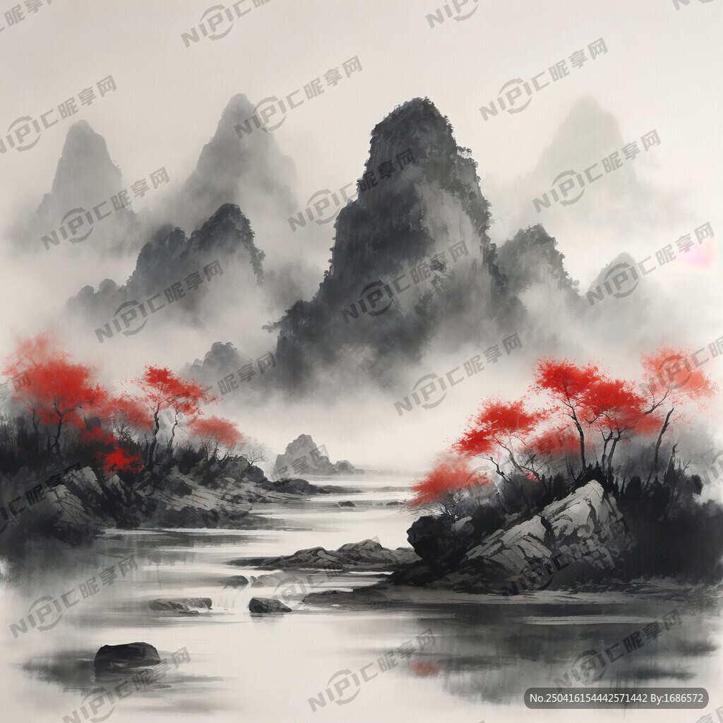 白玉县山水风景水墨画