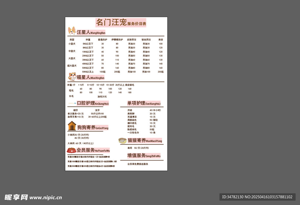 宠物价格表