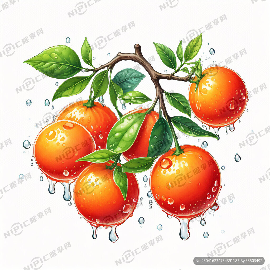 带溅起水珠的新鲜橘子挂在枝头上