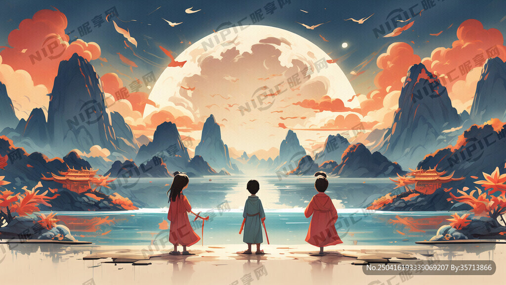 山海湖与少年融合可爱扁平插画风