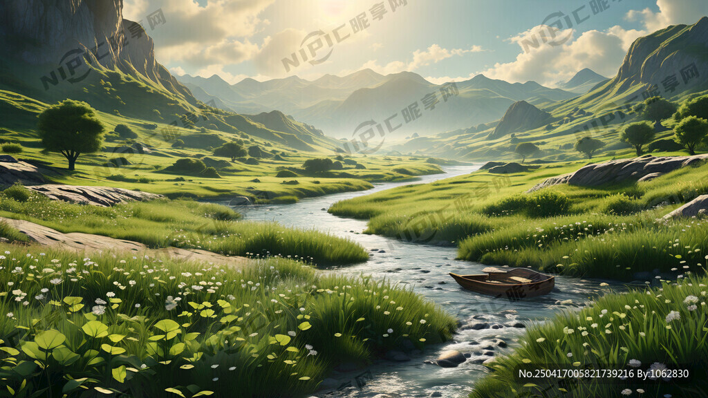 大片嫩绿的草地 路 小河 船