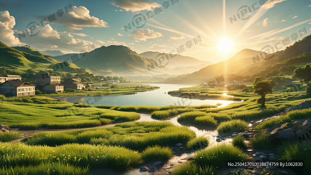 大片嫩绿的草地 路 运河 船