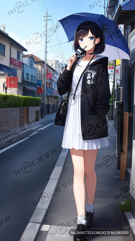 少女 背影 左手收伞 站立
