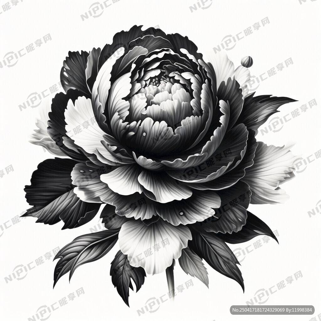 手绘黑牡丹 背景纯白