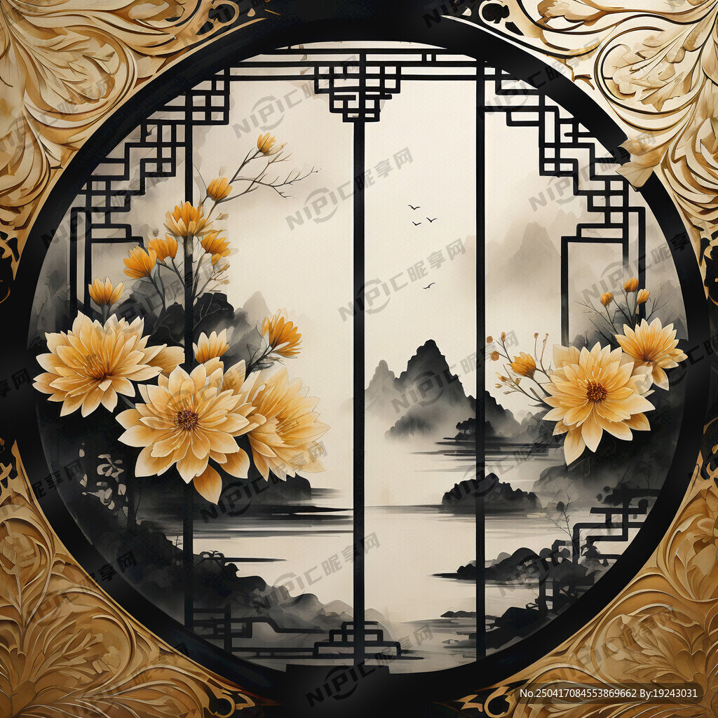 金丝菊瓣渐变效果 山水水墨背景