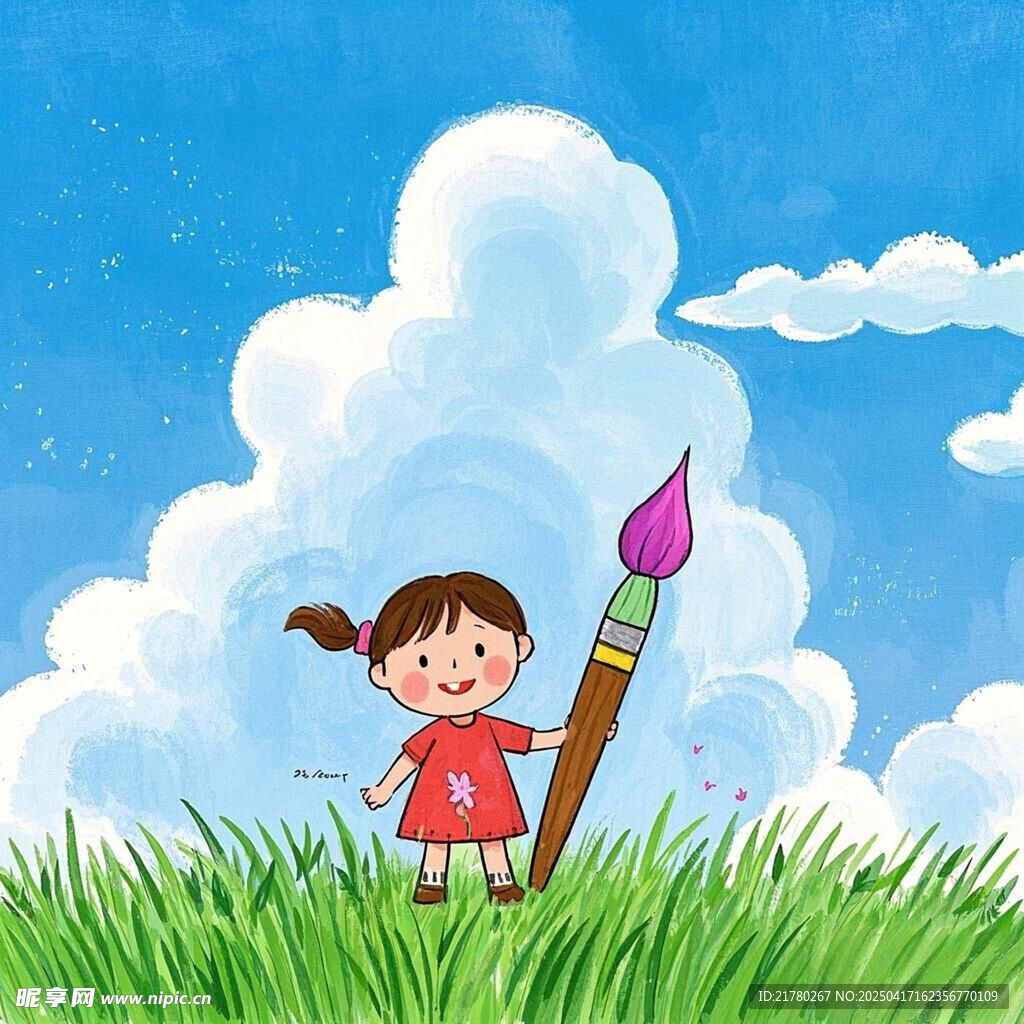 草地上的小女孩与画笔