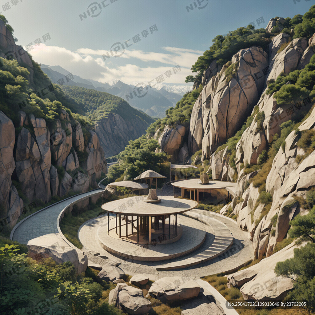 弯型石头山路中间有个休息厅
