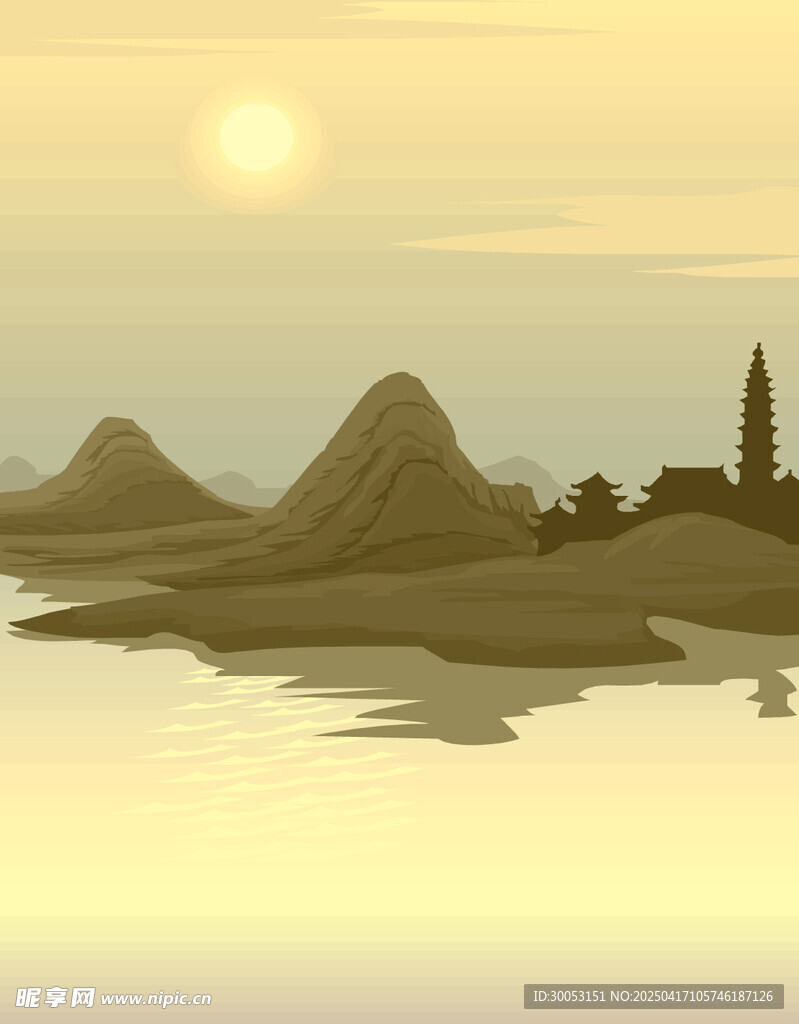 矢量黄昏日落山峰海洋插画