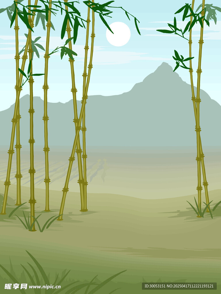 矢量蓝天山峰竹林插画