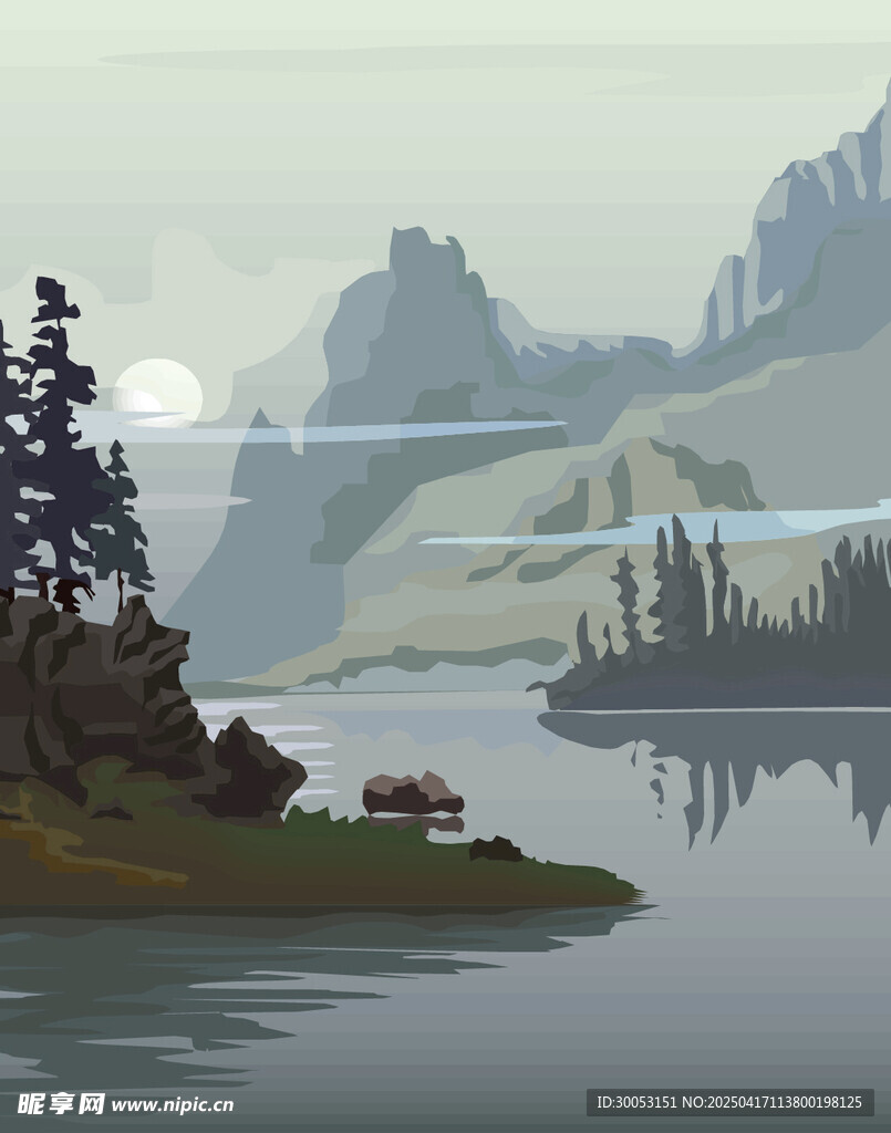 矢量山峰湖泊插画