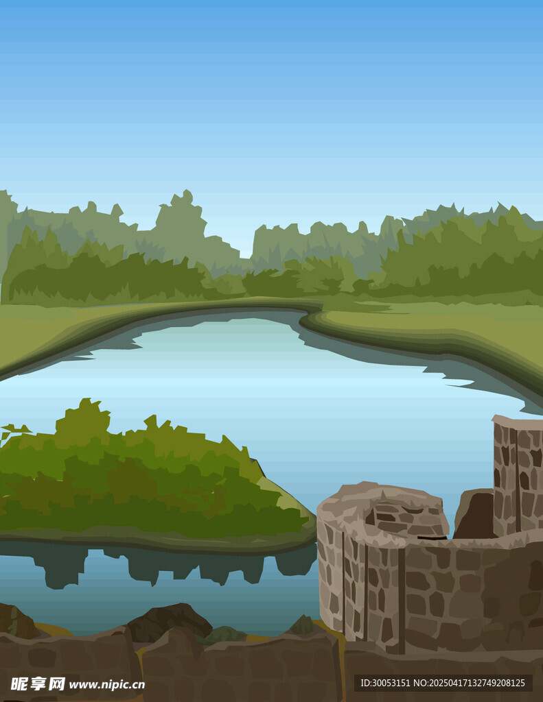 矢量湖泊山水风景插画