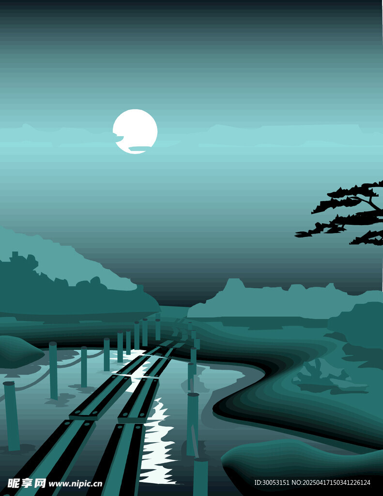 夜晚小桥河水插画