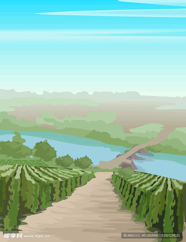 郊外小桥流水风景插画
