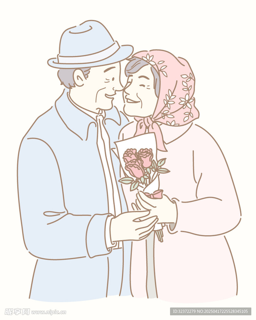老年夫妻甜蜜相拥献花